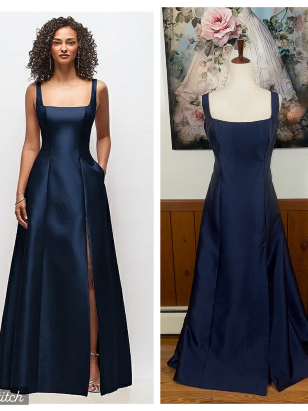 Elegant New Alfred Sung Navy Satin Twill Gown - Picture 1 of 6